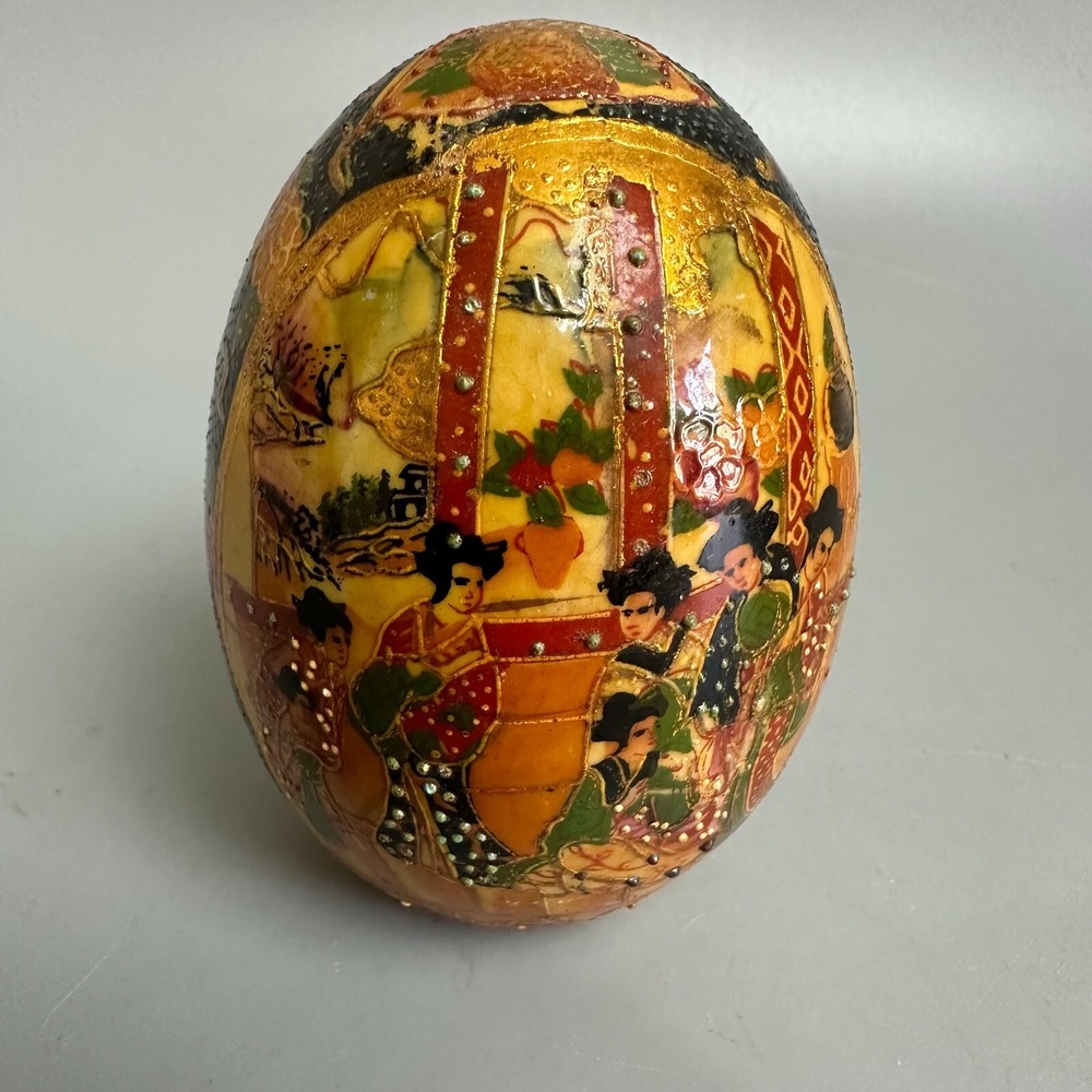 Satsuma Hand Painted Porcelain Egg Moriage Geisha Floral Gold‎ Gilt Decorative